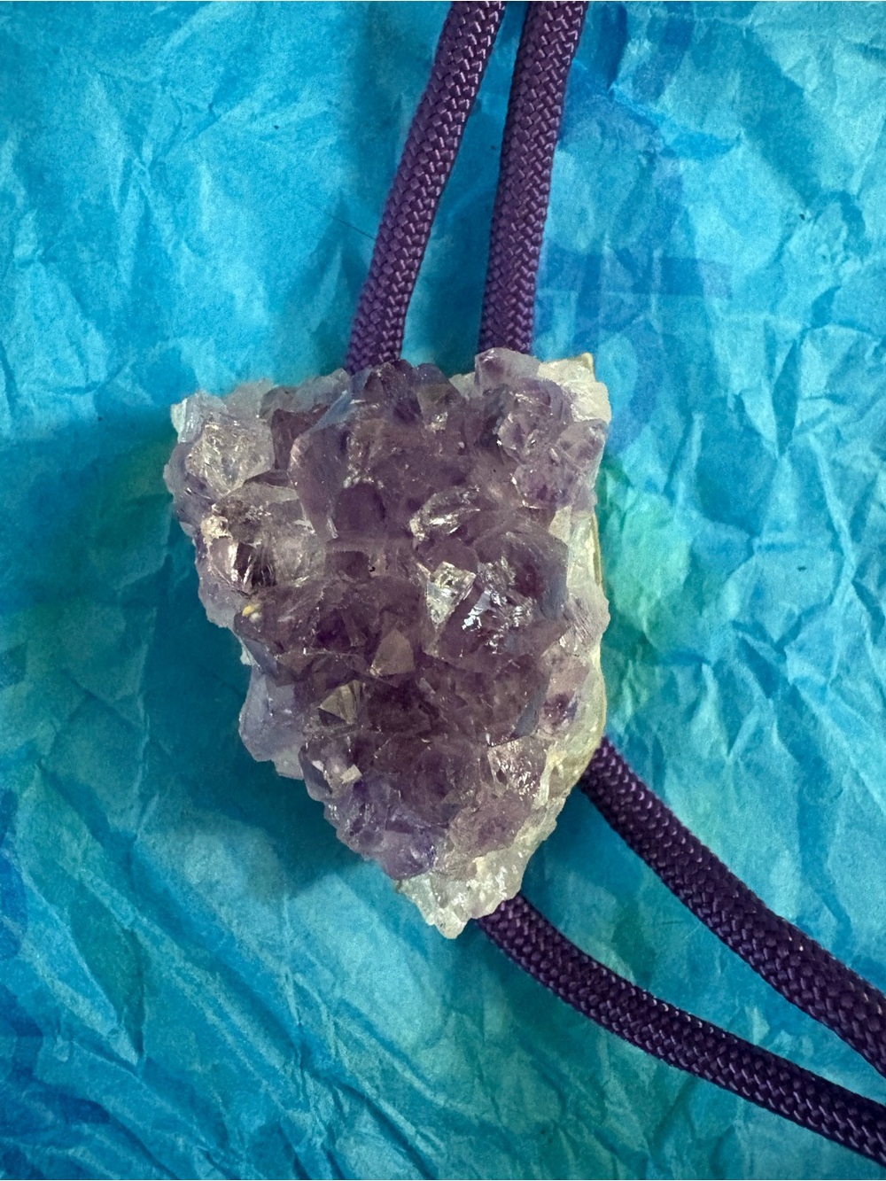 Raw Amethyst Crystal Pendant on Purple Cord Bolo Tie